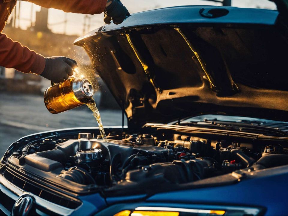 Engine bay of a car being serviced
