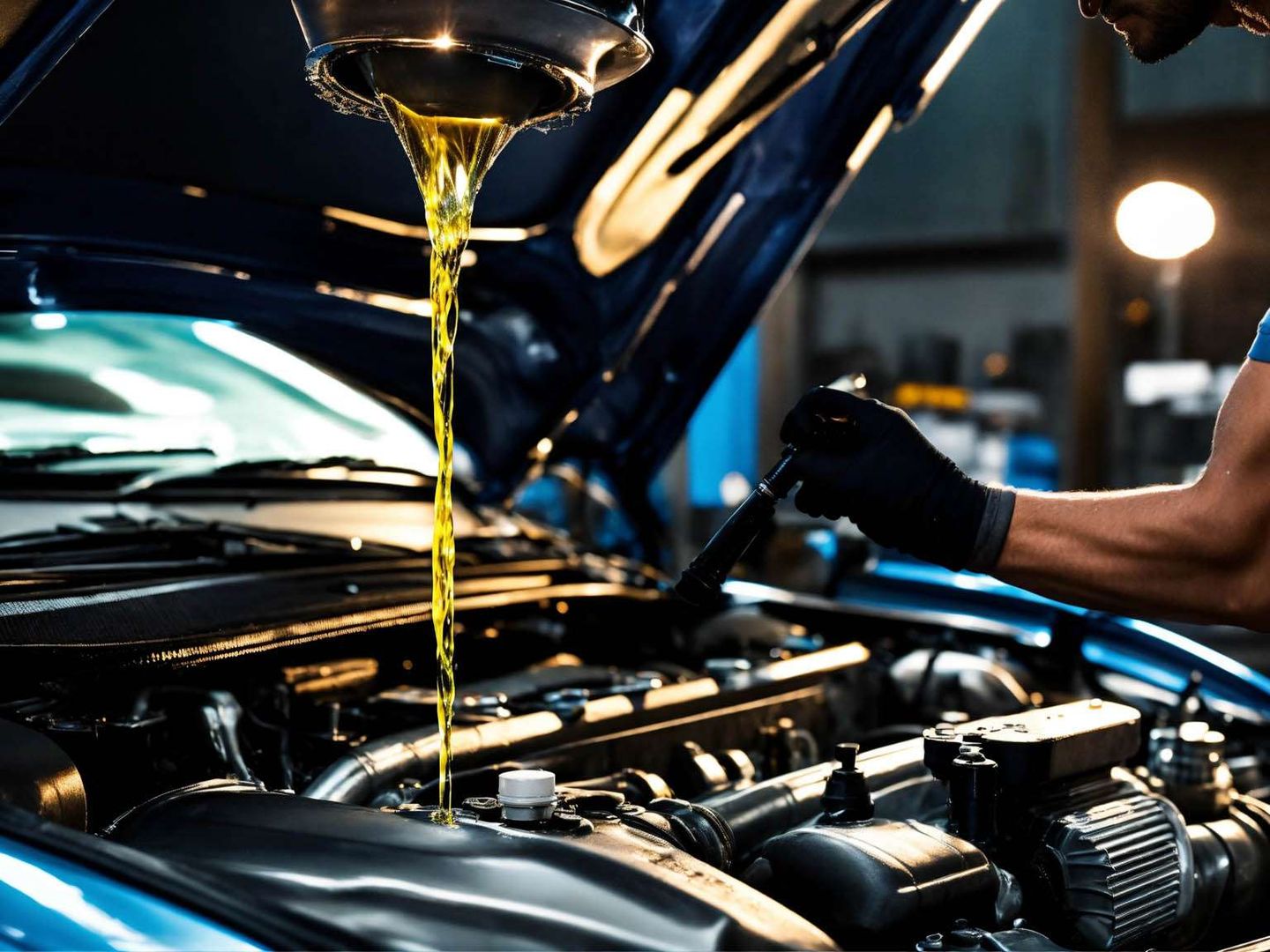 Technician pouring fresh oil during an oil change